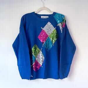 Vintage Argyle Sequin Sweater Medium 90s Glam Sparkle Party Maximalist Colorful